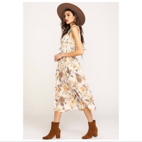 Free People Isla Floral Tie Strap Smocked Bodice Midi Dress Sweet Cream Small - Picture 2 of 16